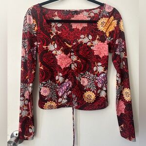 Guess Floral Ruched Long-Sleeve Top - Red Multi Y2K